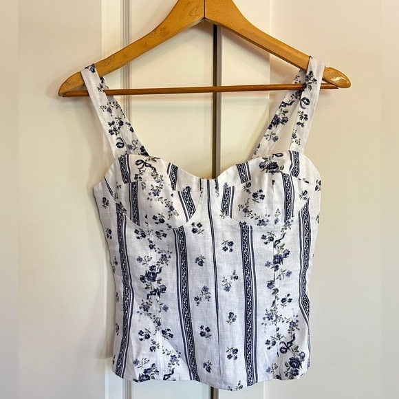 NEW Reformation Linen Libra Top in Roquefort Blue White Floral | size 4 - Picture 5 of 10